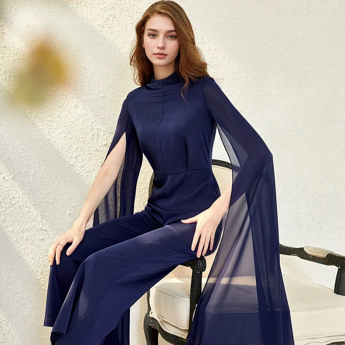 Elegant Navy Blue Chiffon Cape-Sleeve Wide-Leg Jumpsuit for Evening Wear