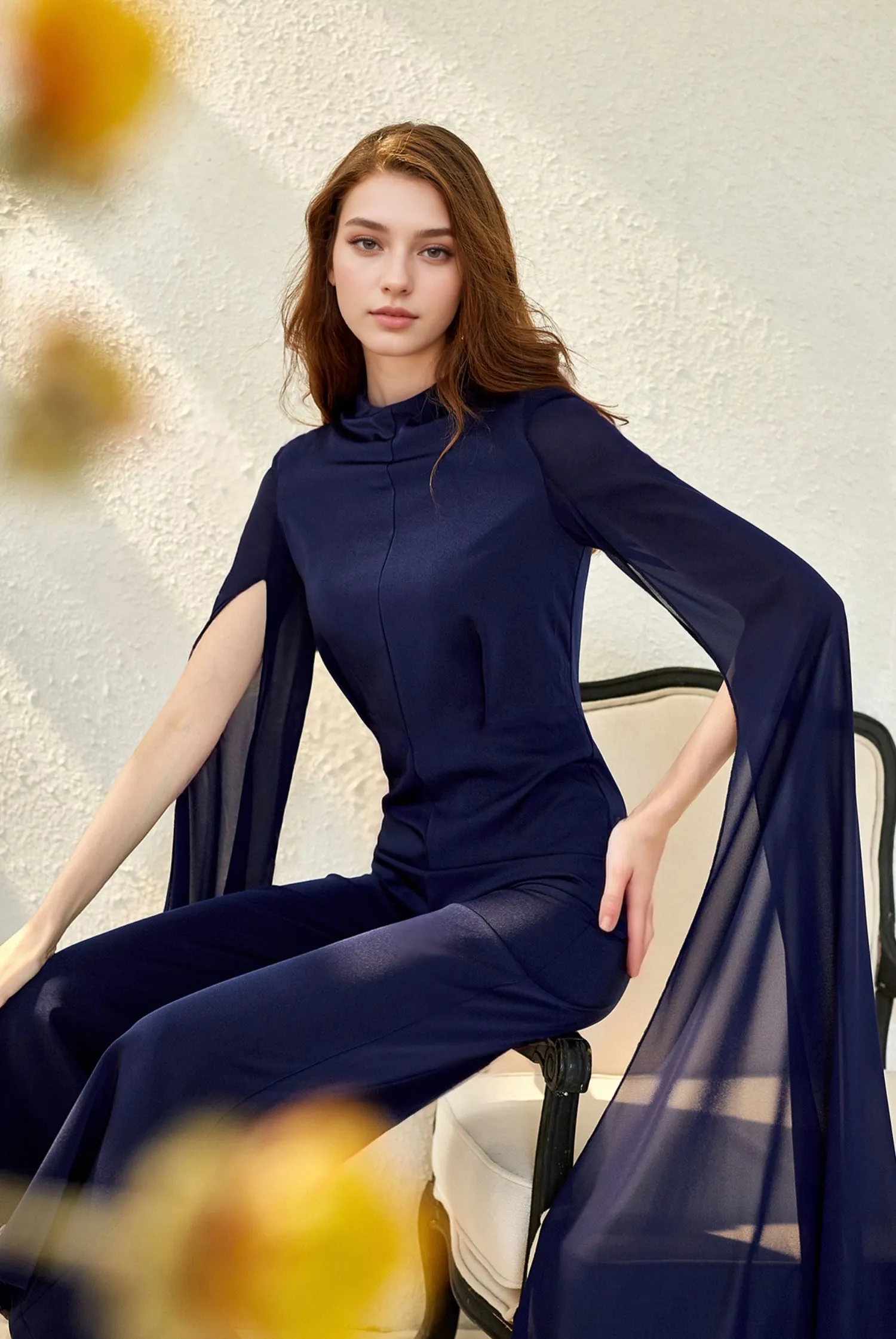 Elegant Navy Blue Chiffon Cape-Sleeve Wide-Leg Jumpsuit for Evening Wear