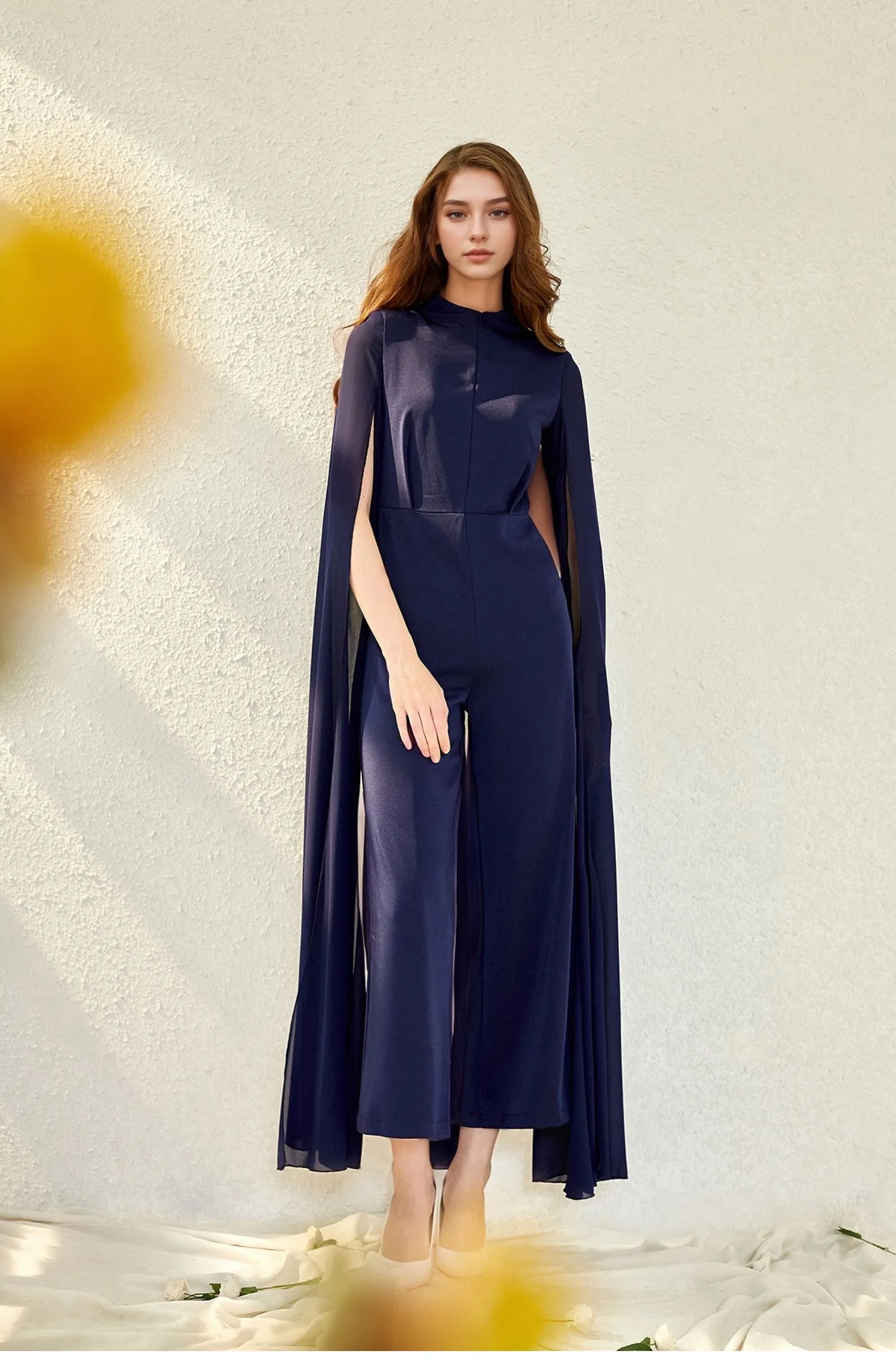 Elegant Navy Blue Chiffon Cape-Sleeve Wide-Leg Jumpsuit for Evening Wear