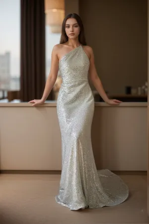 Elegant One-Shoulder Vertical Sequin Mesh Cocktail Dress