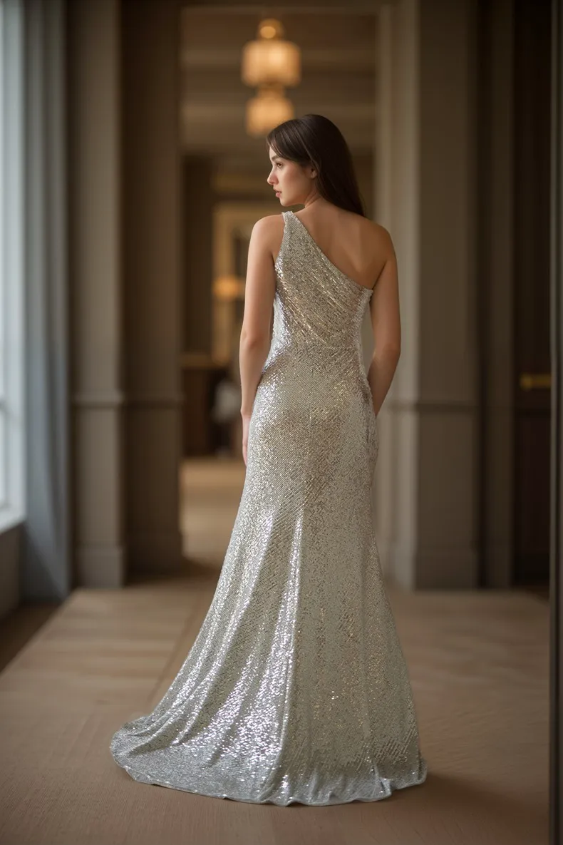 Elegant One-Shoulder Vertical Sequin Mesh Cocktail Dress
