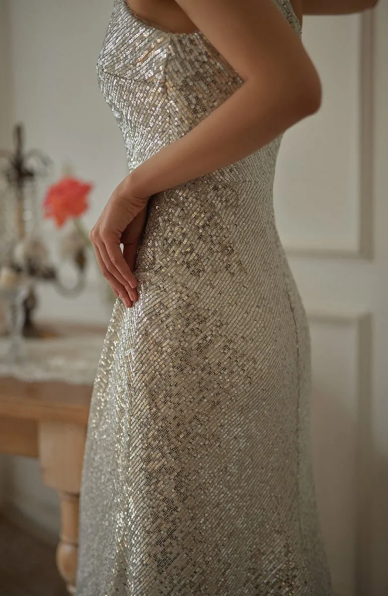 Elegant One-Shoulder Vertical Sequin Mesh Cocktail Dress