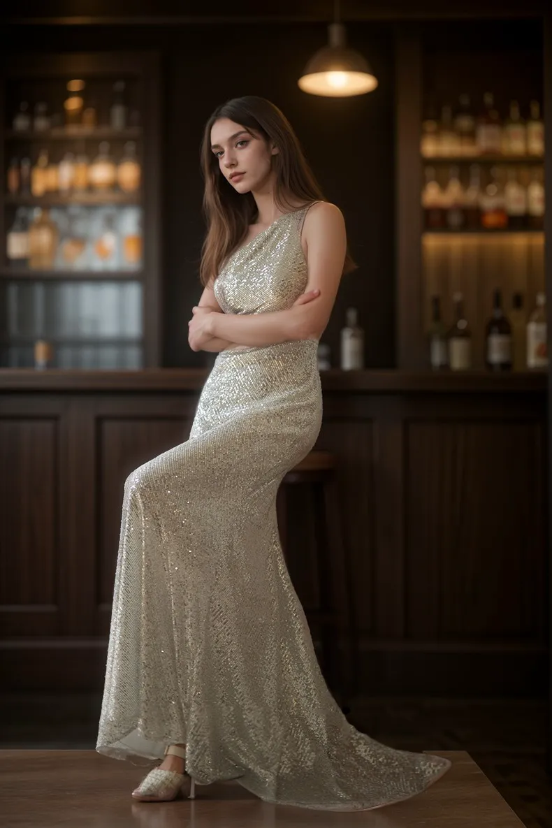 Elegant One-Shoulder Vertical Sequin Mesh Cocktail Dress