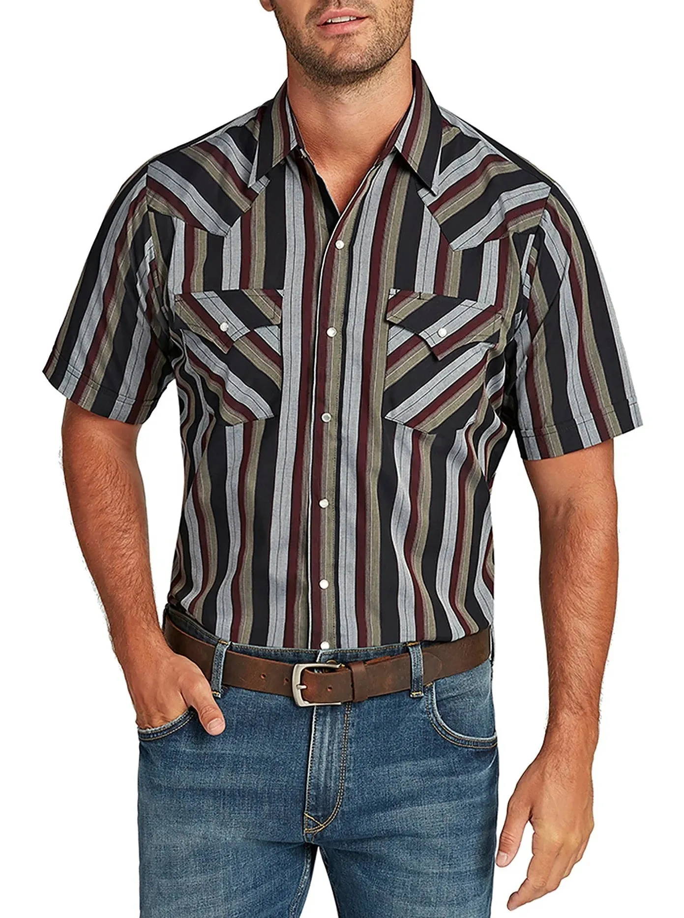ELY WALKER MEN'S ASSORTED PLAID OR STRIPE SHORT SLEEVE PEARL SNAP WESTERN SHIRT
