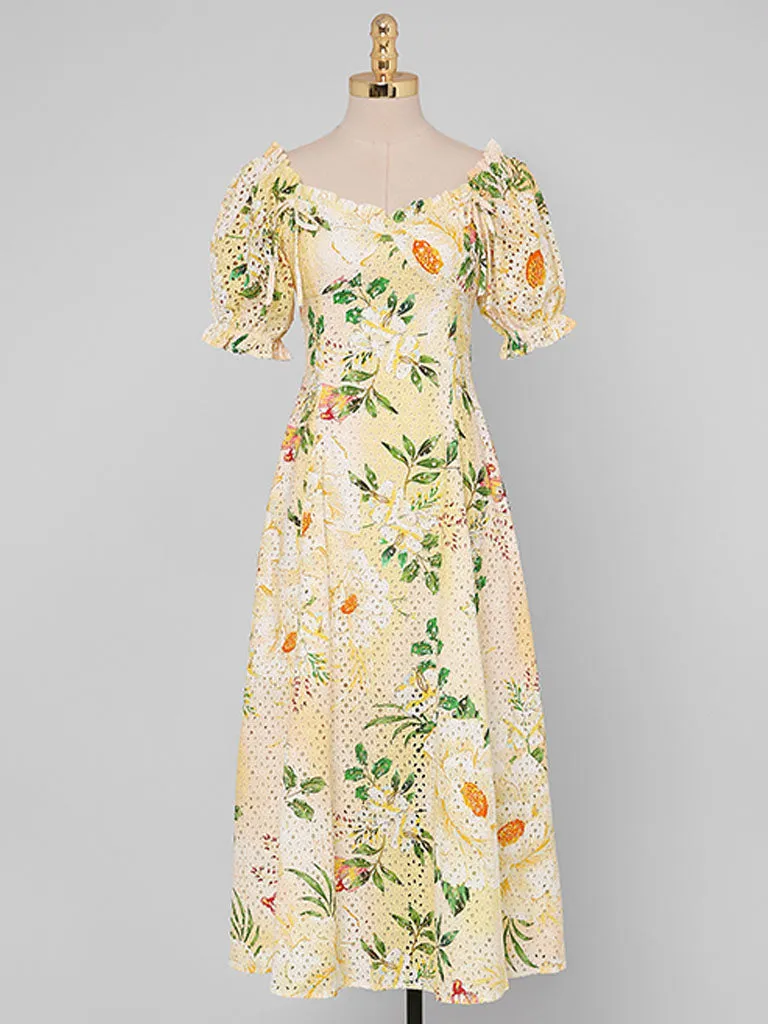 Embroidered Puff Sleeve Monet's Garden 1950s Vintage Party Dress