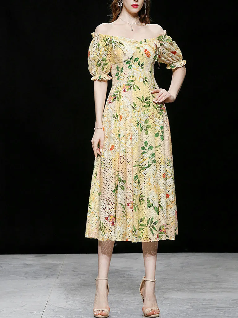 Embroidered Puff Sleeve Monet's Garden 1950s Vintage Party Dress