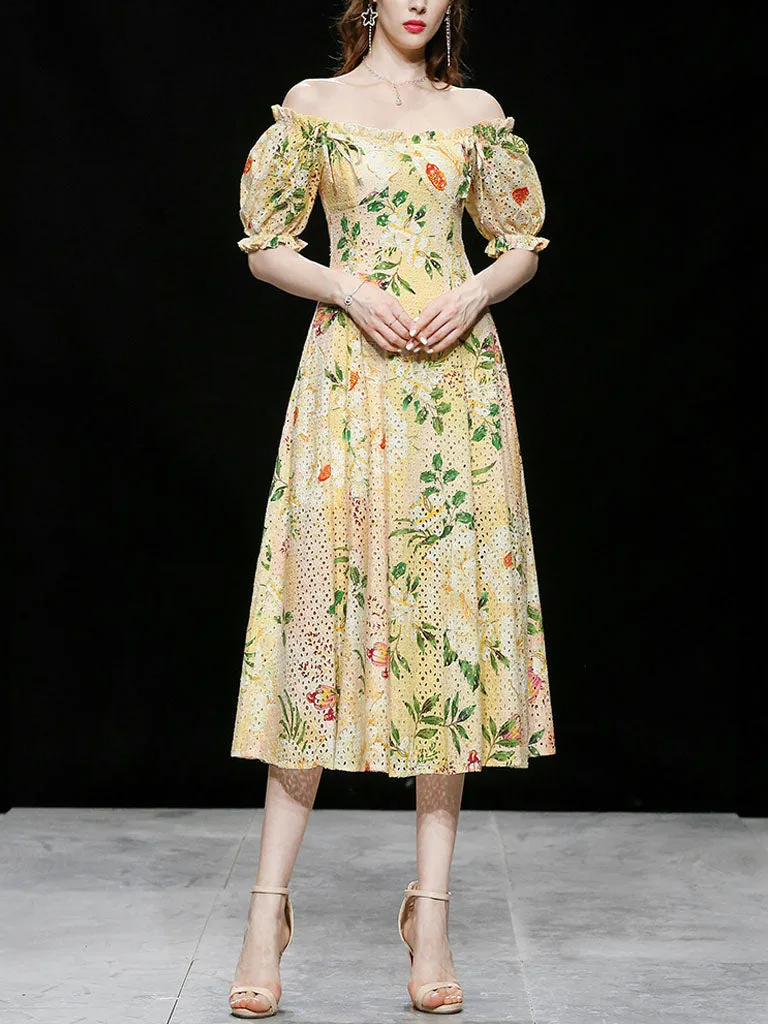 Embroidered Puff Sleeve Monet's Garden 1950s Vintage Party Dress