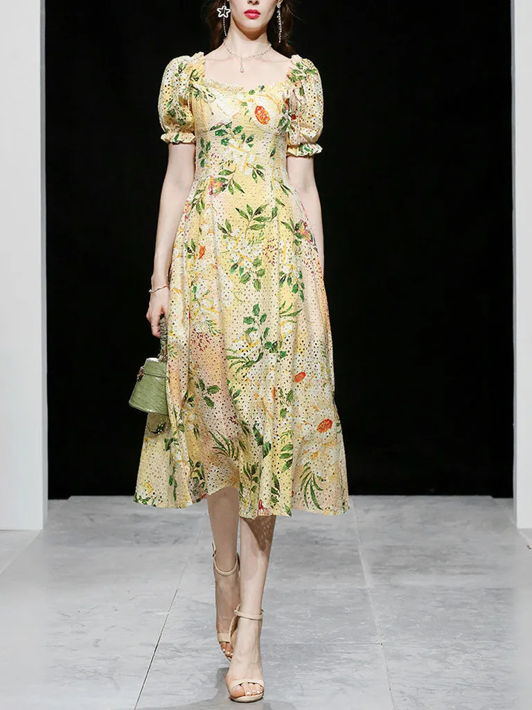 Embroidered Puff Sleeve Monet's Garden 1950s Vintage Party Dress