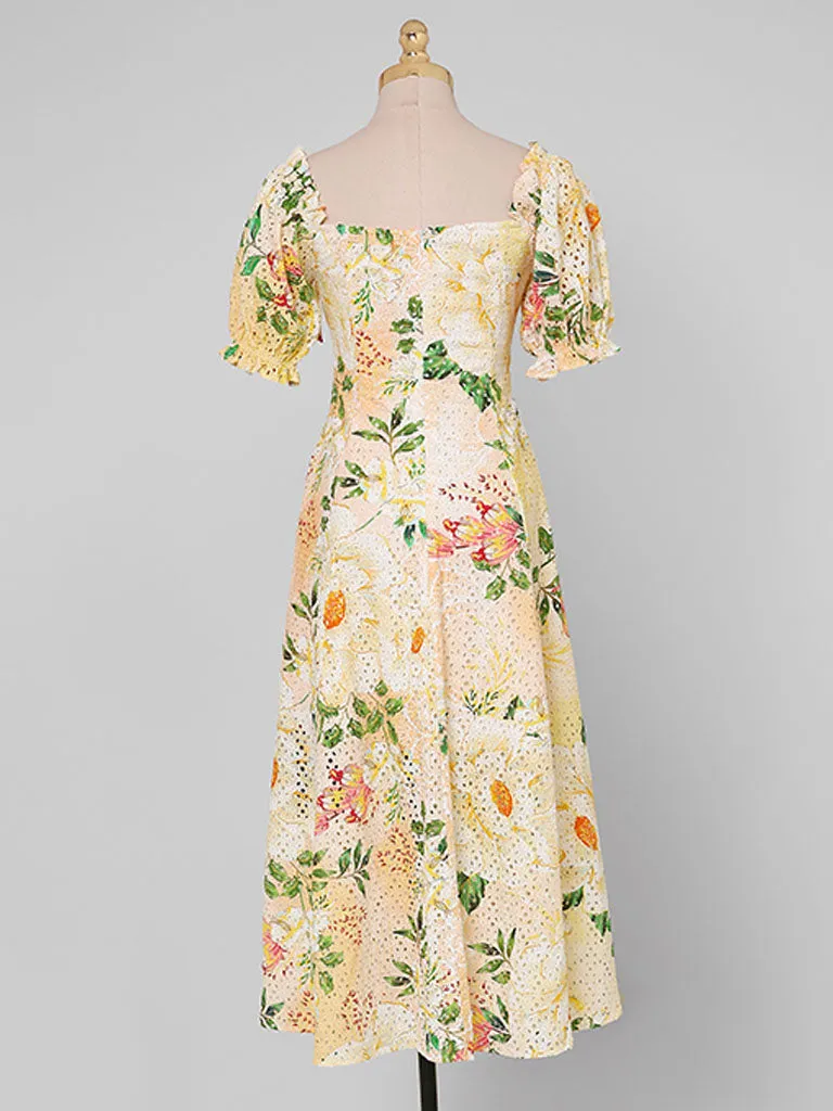 Embroidered Puff Sleeve Monet's Garden 1950s Vintage Party Dress