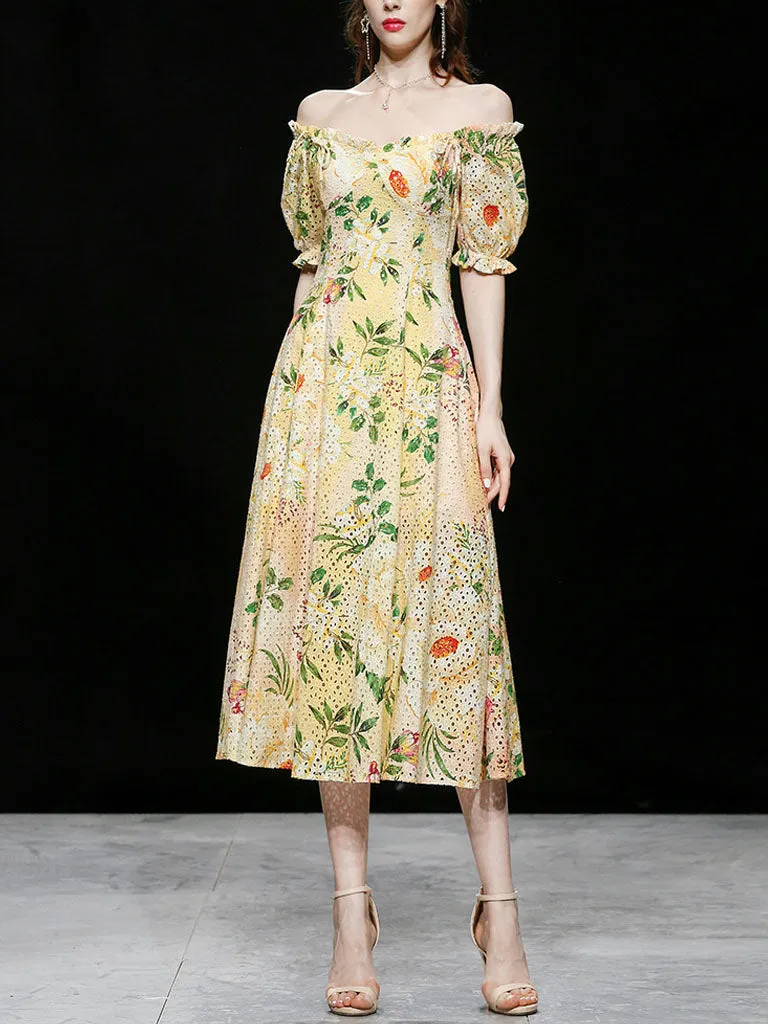Embroidered Puff Sleeve Monet's Garden 1950s Vintage Party Dress