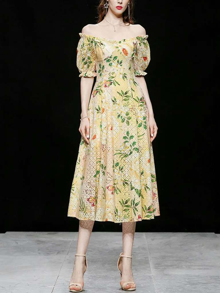 Embroidered Puff Sleeve Monet's Garden 1950s Vintage Party Dress