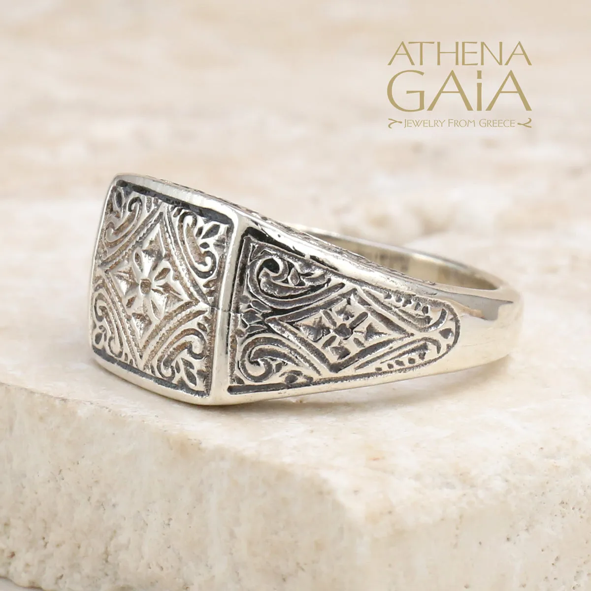 Etched Sterling Silver Club Ring