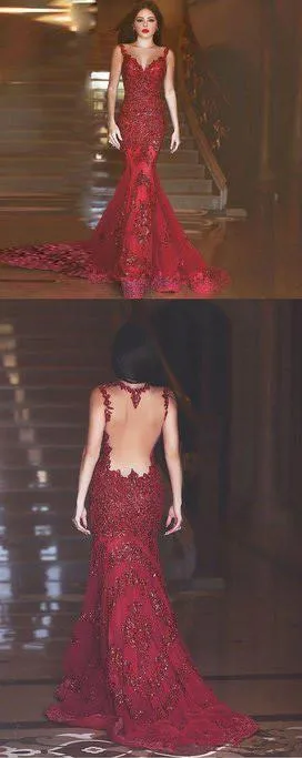 Fabulous Red Backless Mermaid Long Prom Dresses Evening Dresses, MP192