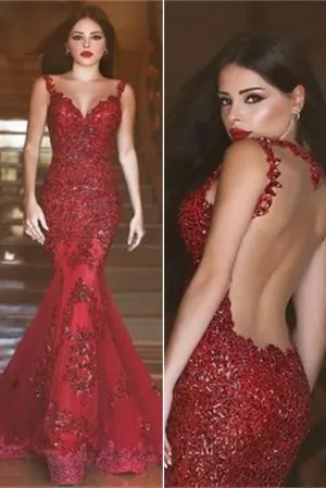 Fabulous Red Backless Mermaid Long Prom Dresses Evening Dresses, MP192