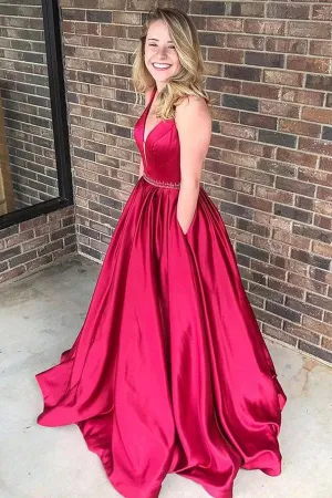 Fabulous Red Satin A line V Neck Long Prom Dress Evening Dresses, MP210