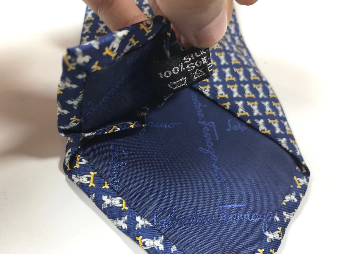 FERRAGAMO Blue Silk Men's Neck Tie with Dog and Bone Print 59 in.