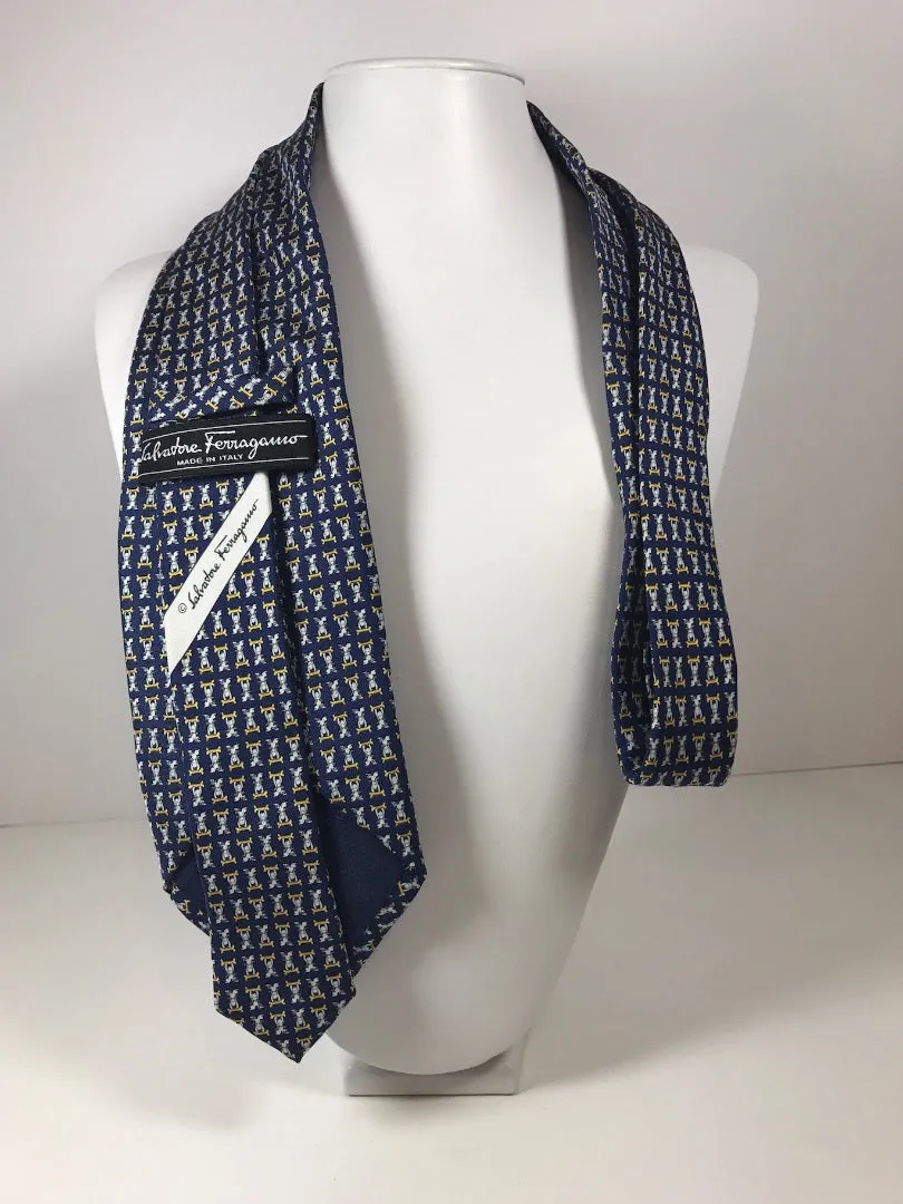 FERRAGAMO Blue Silk Men's Neck Tie with Dog and Bone Print 59 in.