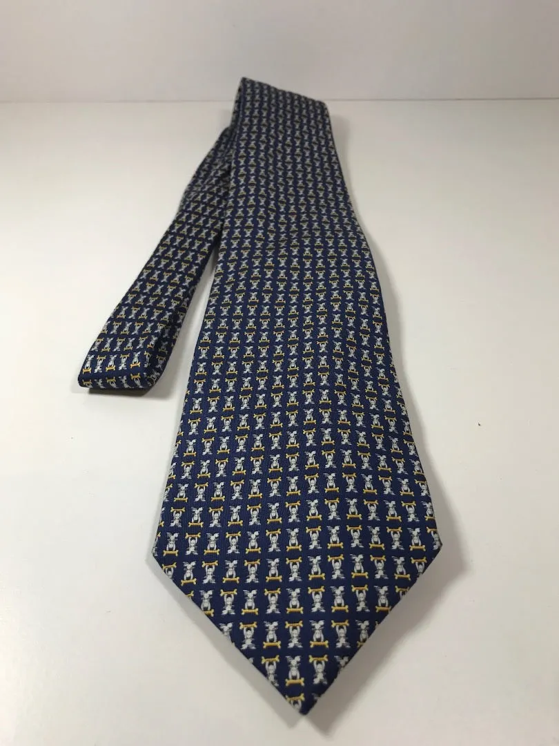 FERRAGAMO Blue Silk Men's Neck Tie with Dog and Bone Print 59 in.