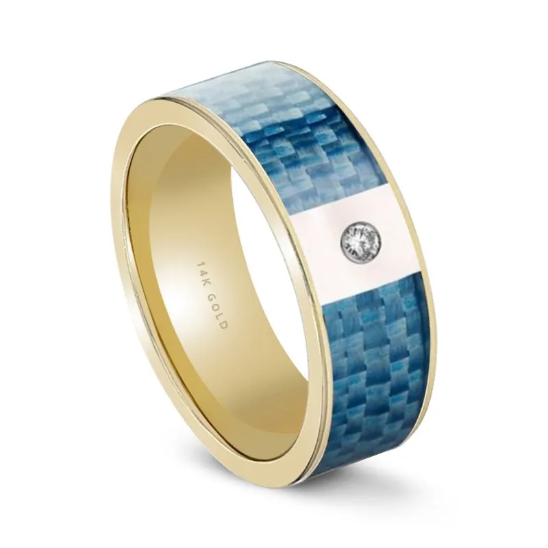 Flat Polished 14k Gold & Diamond Wedding Band for Men with Blue Carbon Fiber Inlay - 8MM