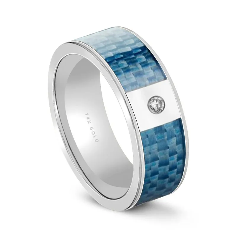 Flat Polished 14k Gold & Diamond Wedding Band for Men with Blue Carbon Fiber Inlay - 8MM