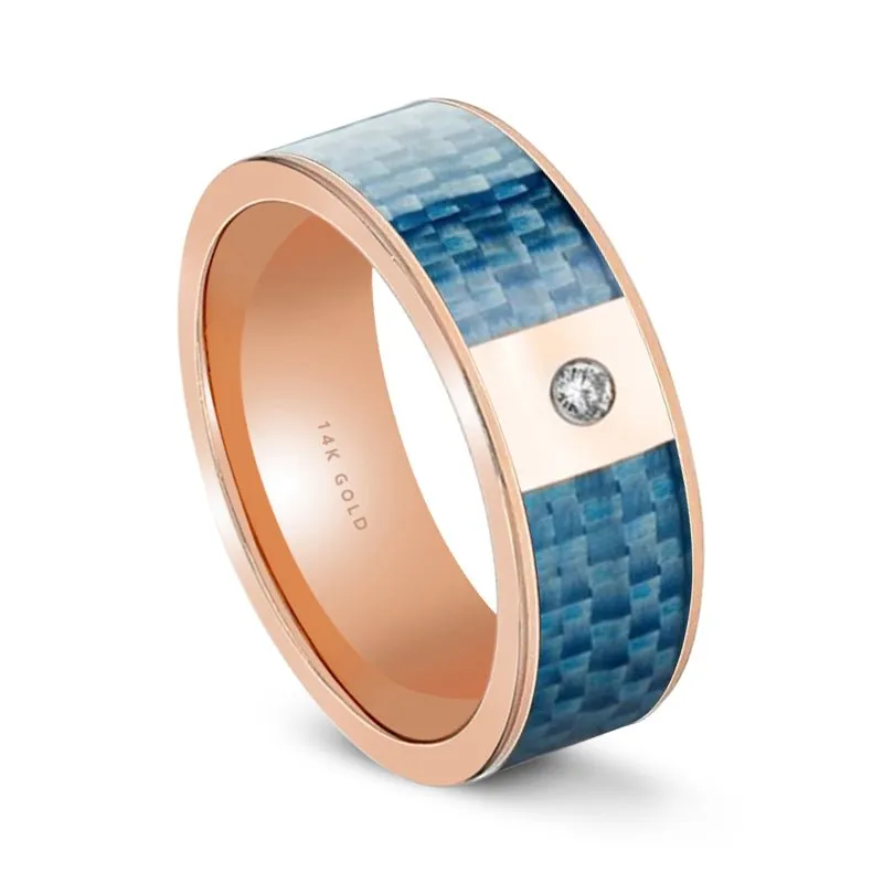 Flat Polished 14k Gold & Diamond Wedding Band for Men with Blue Carbon Fiber Inlay - 8MM