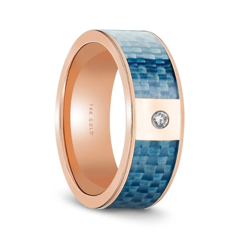 Flat Polished 14k Gold & Diamond Wedding Band for Men with Blue Carbon Fiber Inlay - 8MM