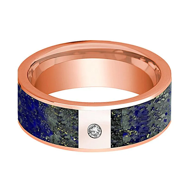 Flat Polished 14k Rose Gold and Diamond Wedding Band with Blue Lapis Lazuli Inlay - 8MM