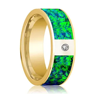 Flat Polished 14k Yellow Gold and Diamond Men's Wedding Band with Emerald Green and Sapphire Blue Opal Inlay - 8MM