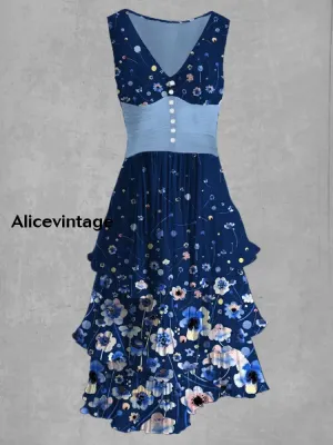 Floral Art Print Sleeveless V-Neck Button Up Retro Midi Dress