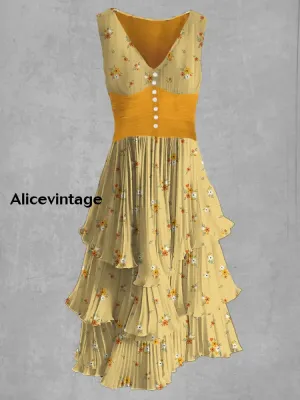 Floral Art Print Sleeveless V-Neck Button Up Retro Midi Dress