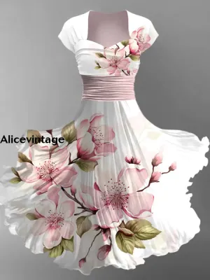 Floral Art Print V-Neck Vintage Chic Short Sleeve Midi Dress