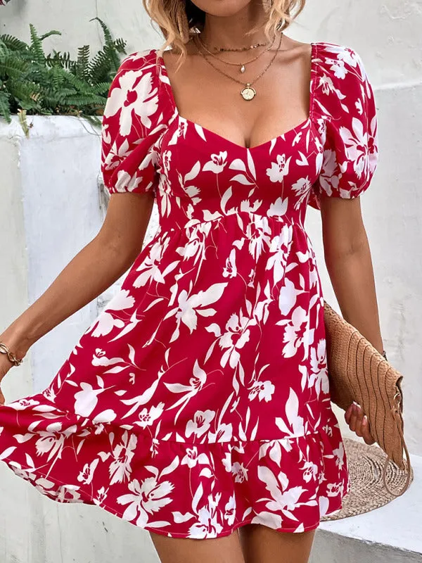 Floral Print Mini Dress with Sweetheart Neckline and Puff Sleeves