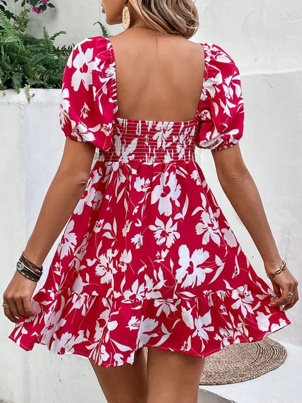 Floral Print Mini Dress with Sweetheart Neckline and Puff Sleeves