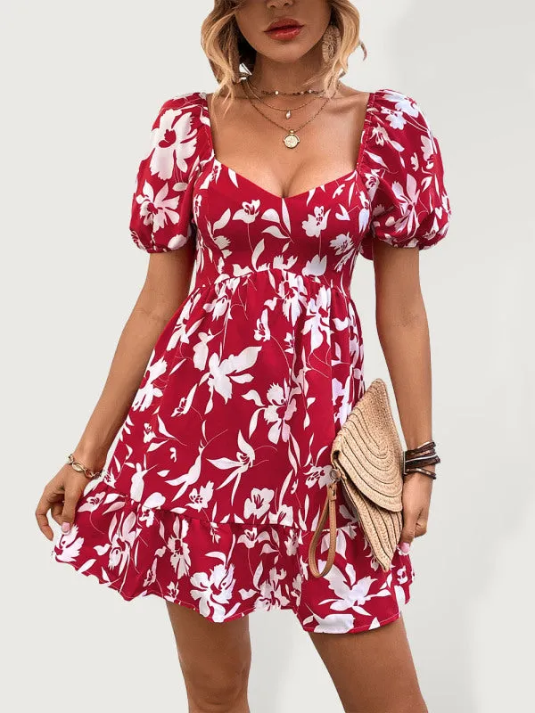 Floral Print Mini Dress with Sweetheart Neckline and Puff Sleeves