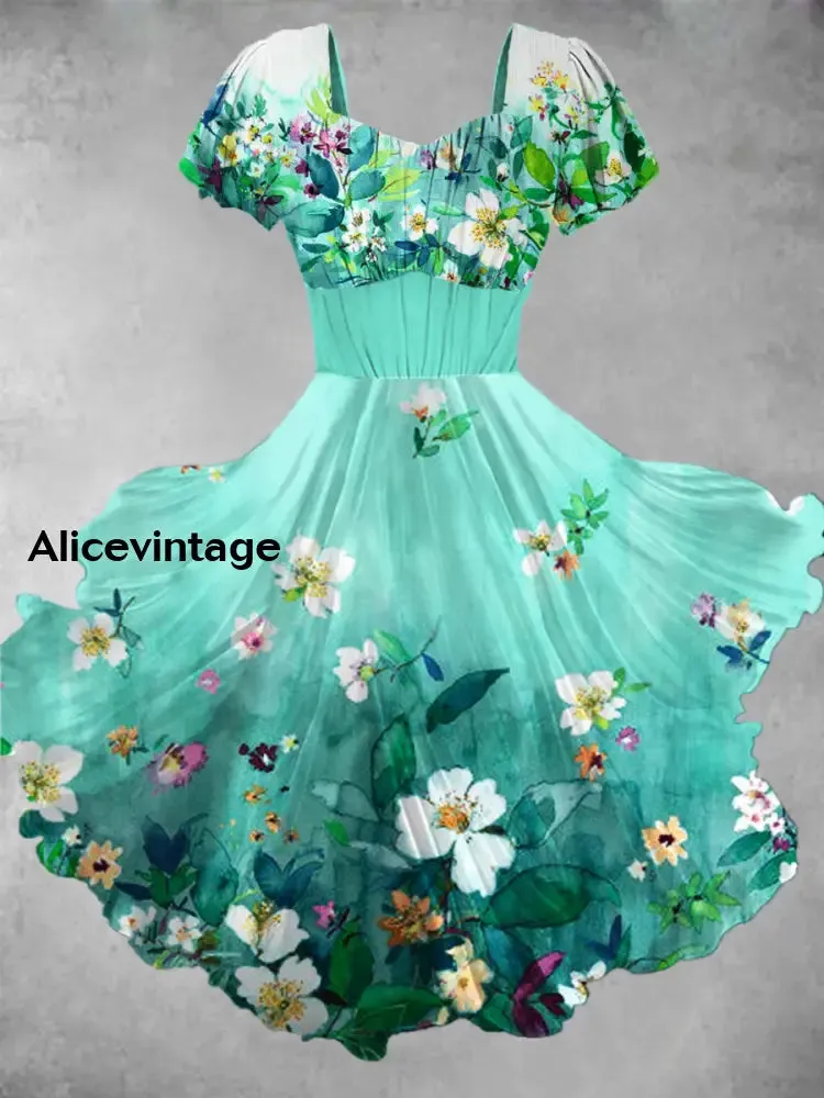 Floral Print Short Sleeve Vintage Midi Dress