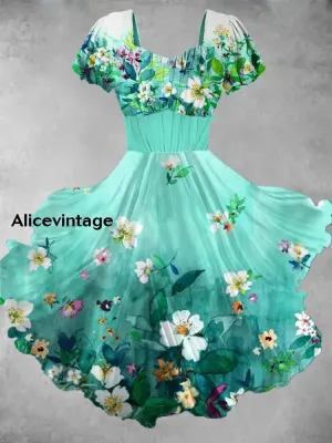 Floral Print Short Sleeve Vintage Midi Dress