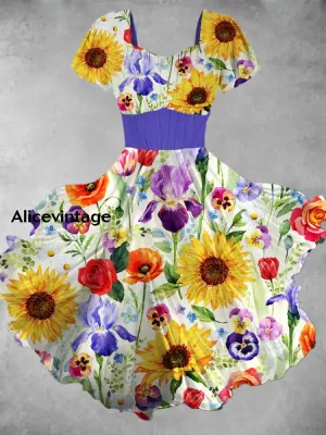 Floral Print Short Sleeve Vintage Midi Dress