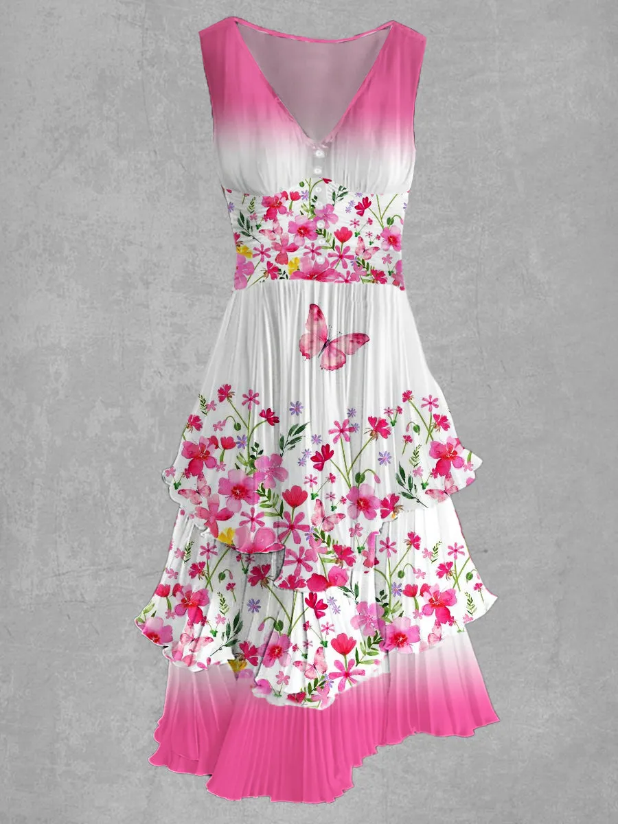 Floral Print V Neck Retro Chic Midi Dress