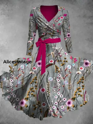 Floral Print V-Neck Vintage Chic Long Sleeve Two-Piece Dress