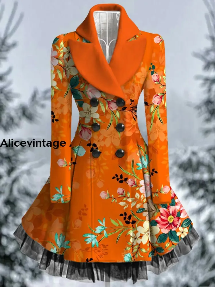 Floral Print Vintage Elegant Lapel V-Neck Button Up Long Sleeve Coat Dress