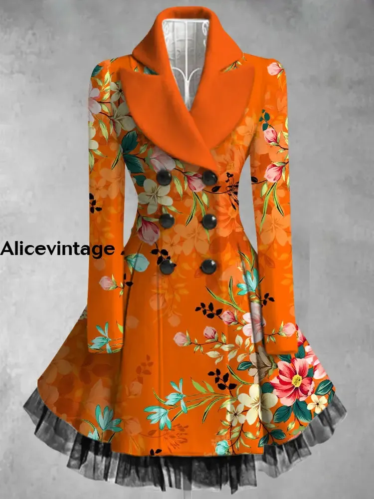 Floral Print Vintage Elegant Lapel V-Neck Button Up Long Sleeve Coat Dress