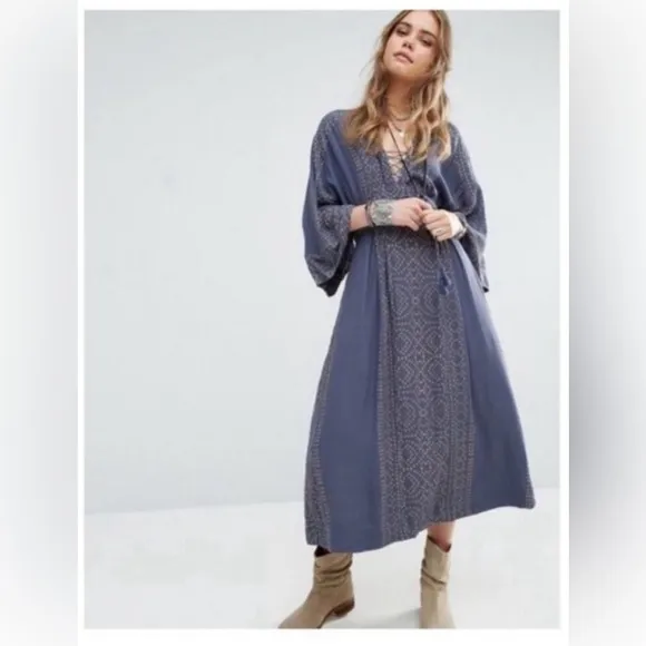 Free People NWT Modern Kimono Maxi Dress Size 0 XS Blue