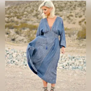 Free People NWT Modern Kimono Maxi Dress Size 0 XS Blue