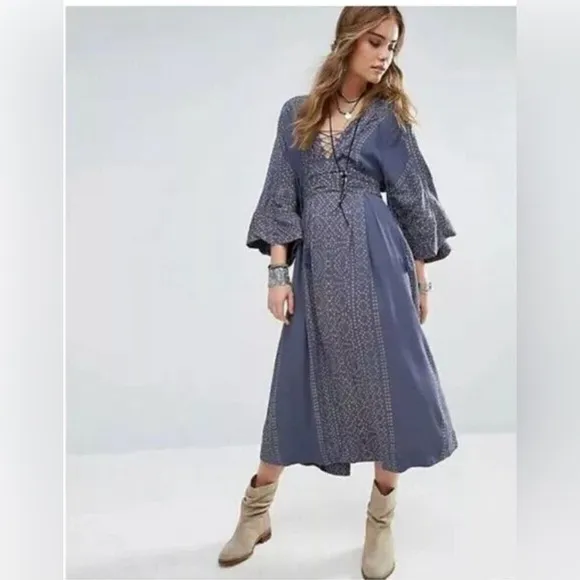 Free People NWT Modern Kimono Maxi Dress Size 0 XS Blue