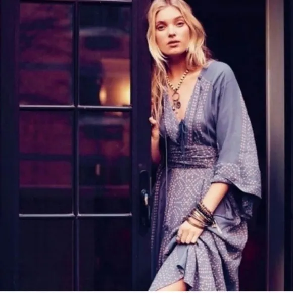 Free People NWT Modern Kimono Maxi Dress Size 0 XS Blue