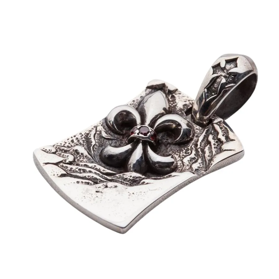Garnet Fleur De Lis Sterling Silver Men's Dog Tag Pendant