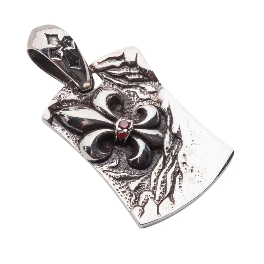 Garnet Fleur De Lis Sterling Silver Men's Dog Tag Pendant