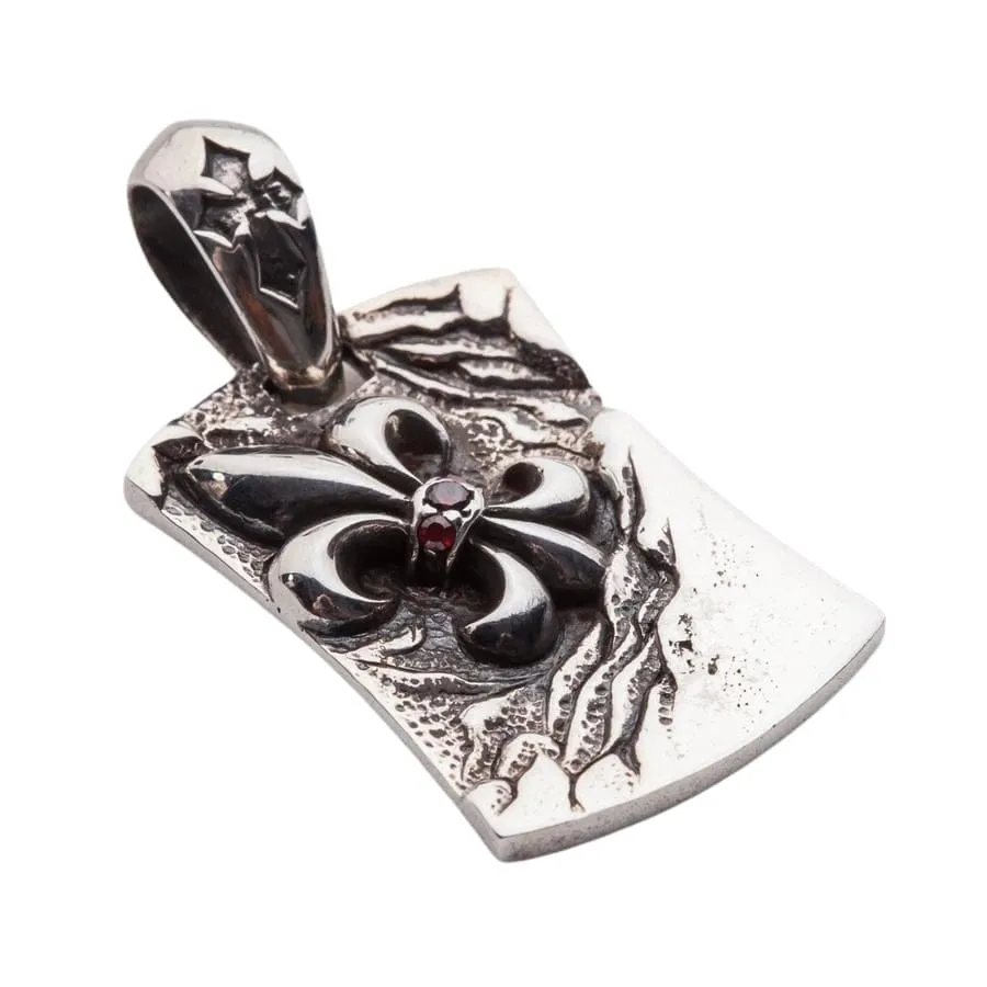 Garnet Fleur De Lis Sterling Silver Men's Dog Tag Pendant