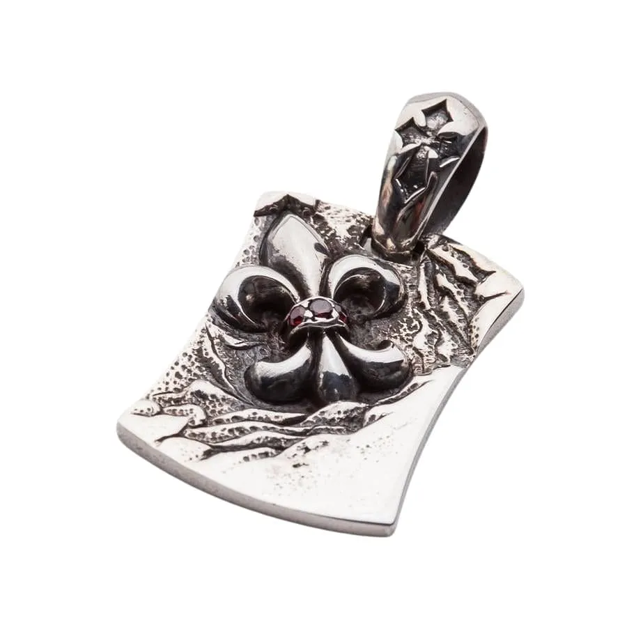 Garnet Fleur De Lis Sterling Silver Men's Dog Tag Pendant