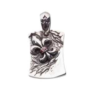 Garnet Fleur De Lis Sterling Silver Men's Dog Tag Pendant